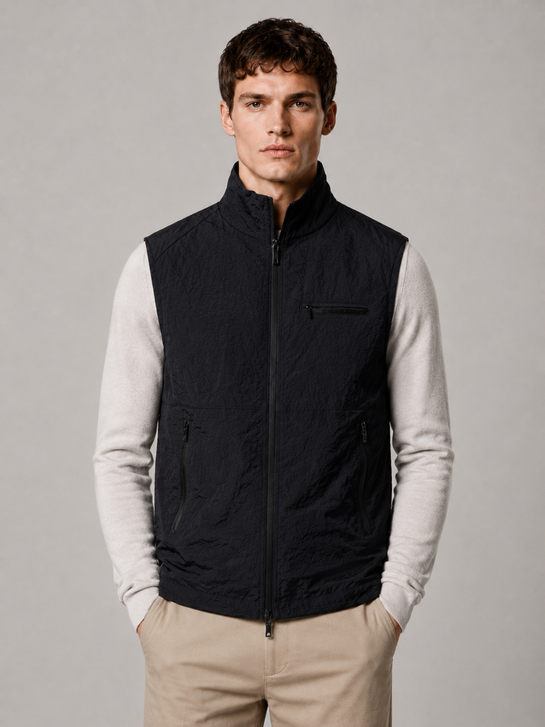 Men’s Gilet Jacket with Zip Closure and Stand Collar