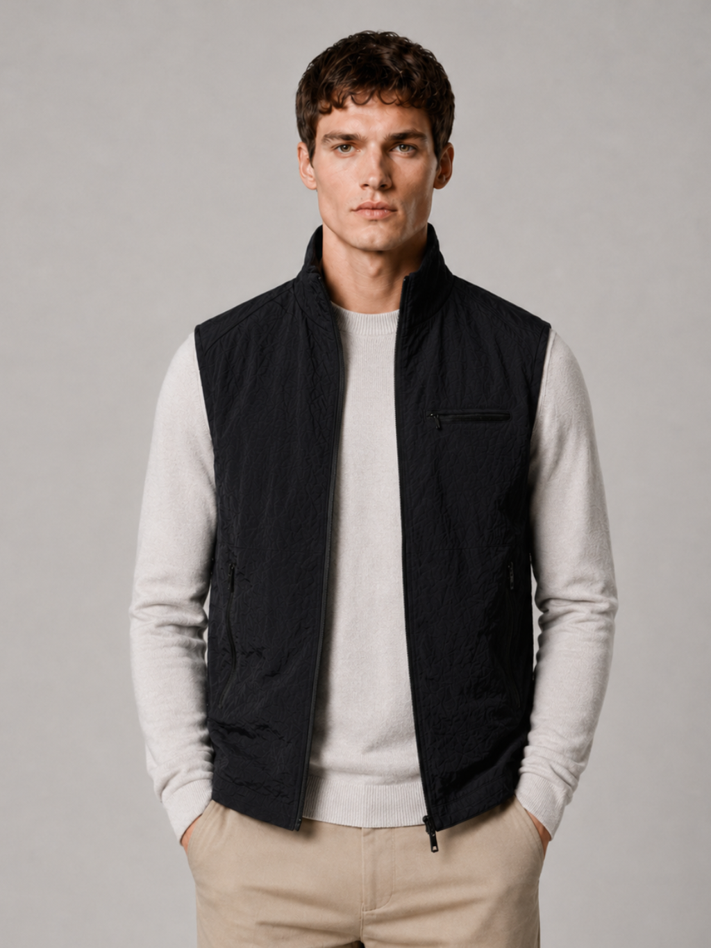 Men’s Gilet Jacket with Zip Closure and Stand Collar