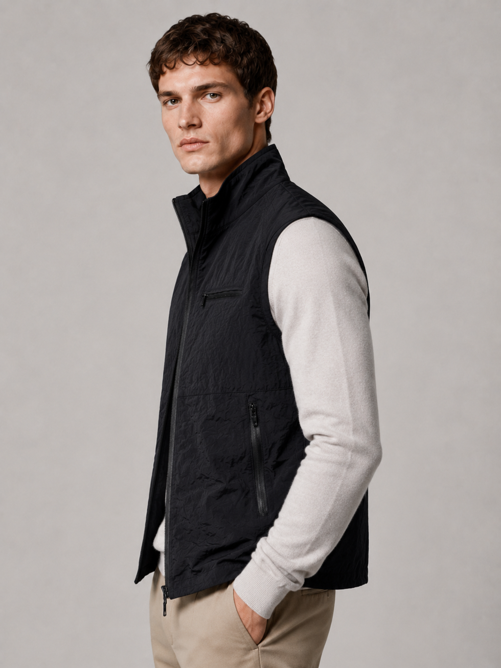 Men’s Gilet Jacket with Zip Closure and Stand Collar