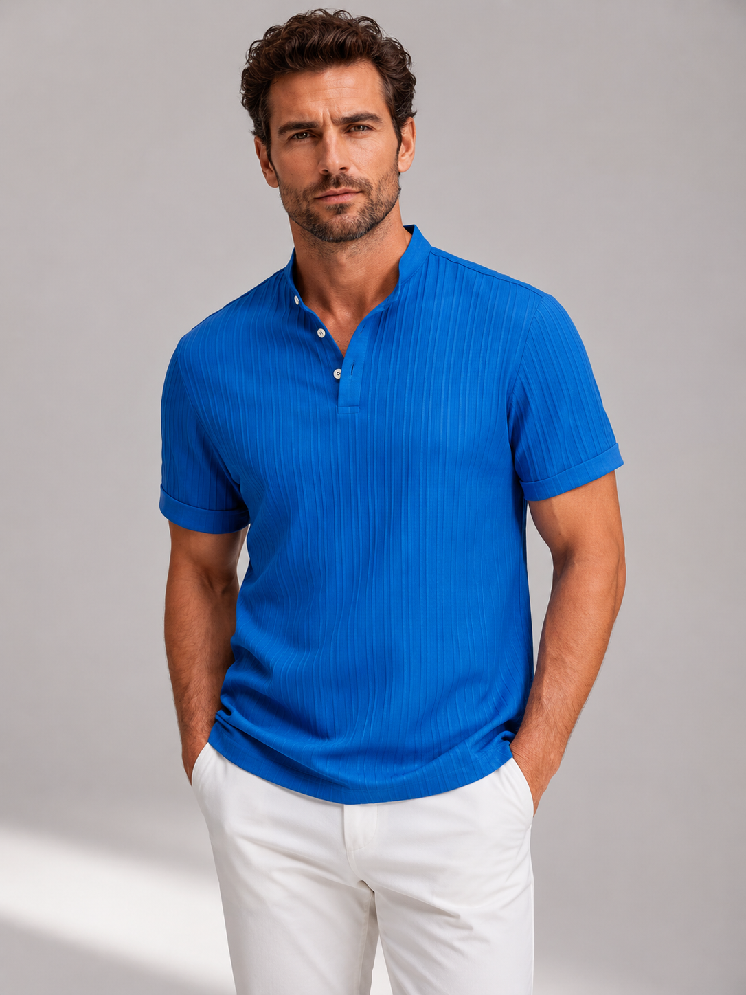 Men’s Short Sleeve Shirt with Stand Collar and Button Front
