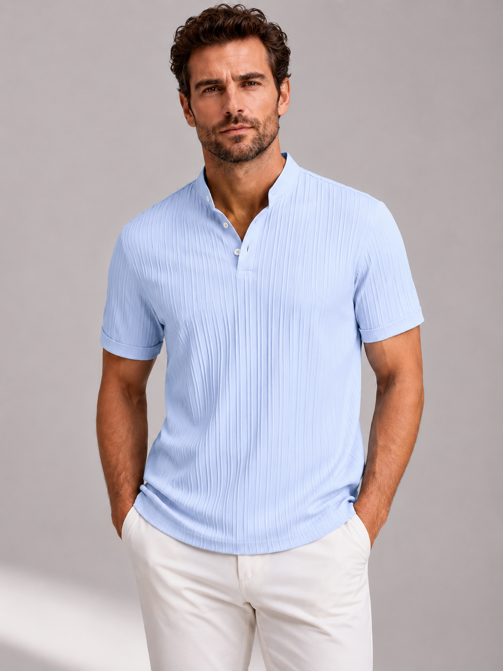 Men’s Short Sleeve Shirt with Stand Collar and Button Front