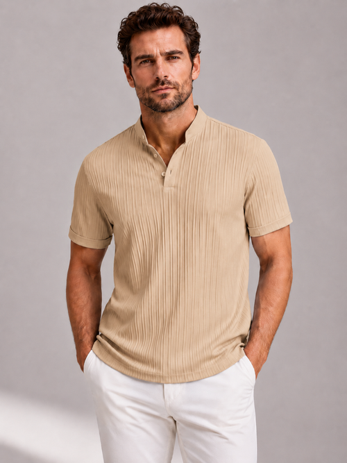 Men’s Short Sleeve Shirt with Stand Collar and Button Front