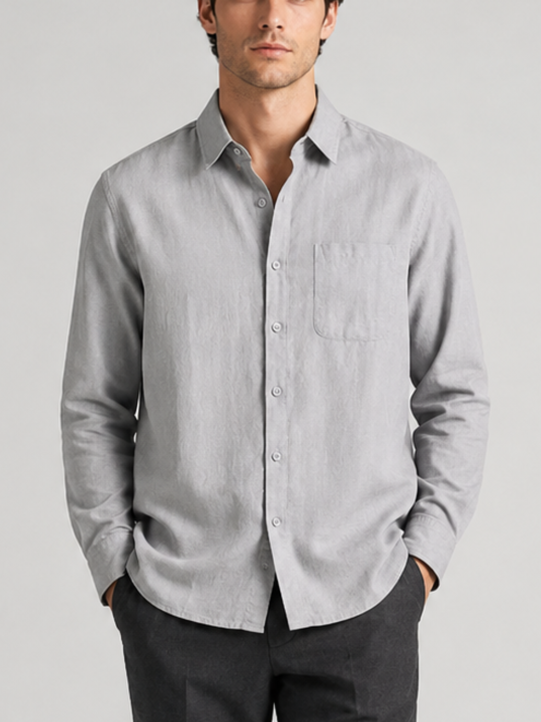 Men’s Solid Gray Button-Up Shirt with Chest Pocket