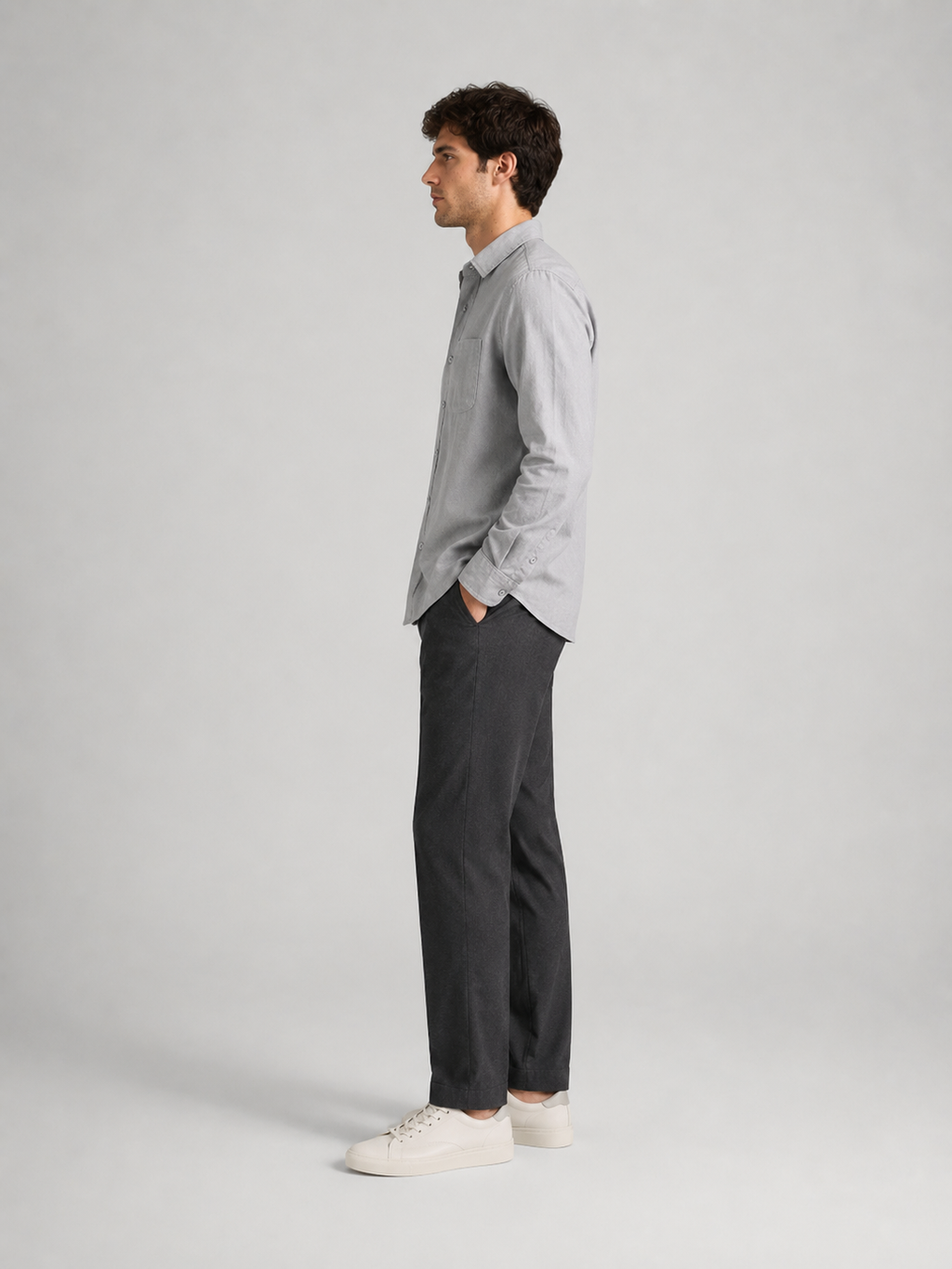 Men’s Solid Gray Button-Up Shirt with Chest Pocket
