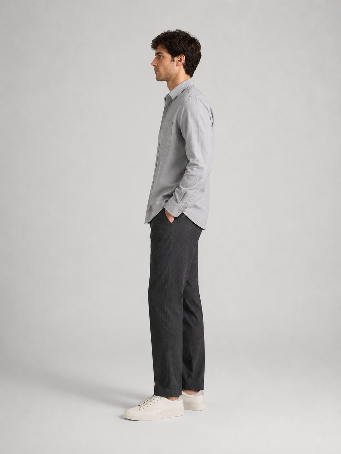 Men’s Solid Gray Button-Up Shirt with Chest Pocket