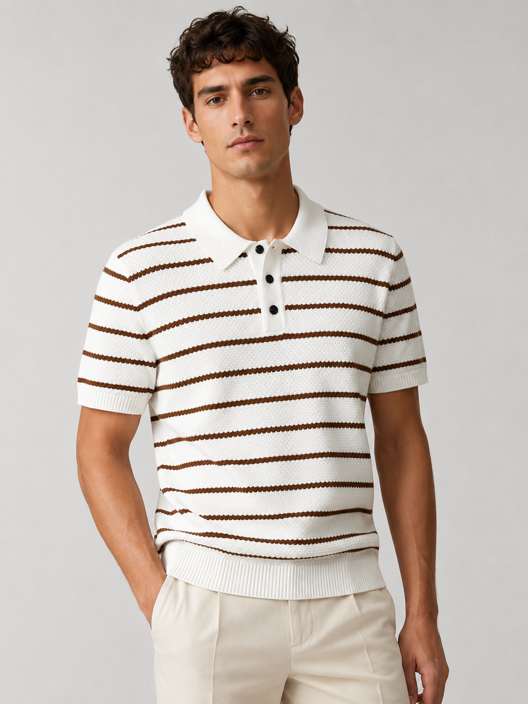 Men’s Striped Knit Polo Shirt with Short Sleeves