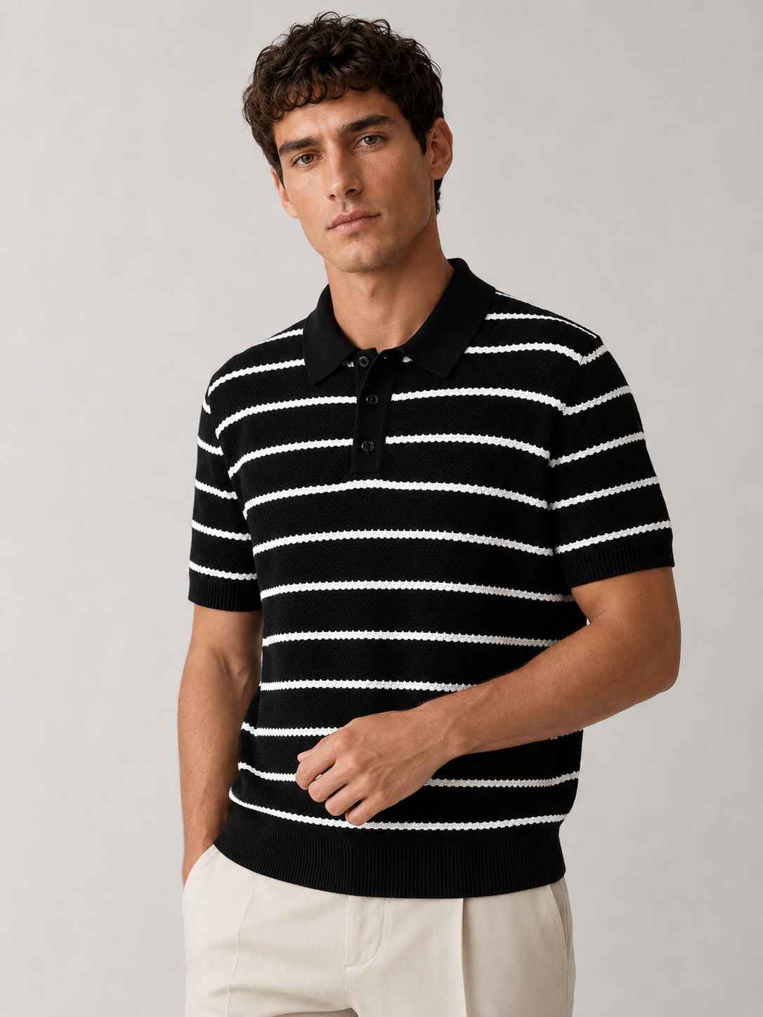Men’s Striped Knit Polo Shirt with Short Sleeves