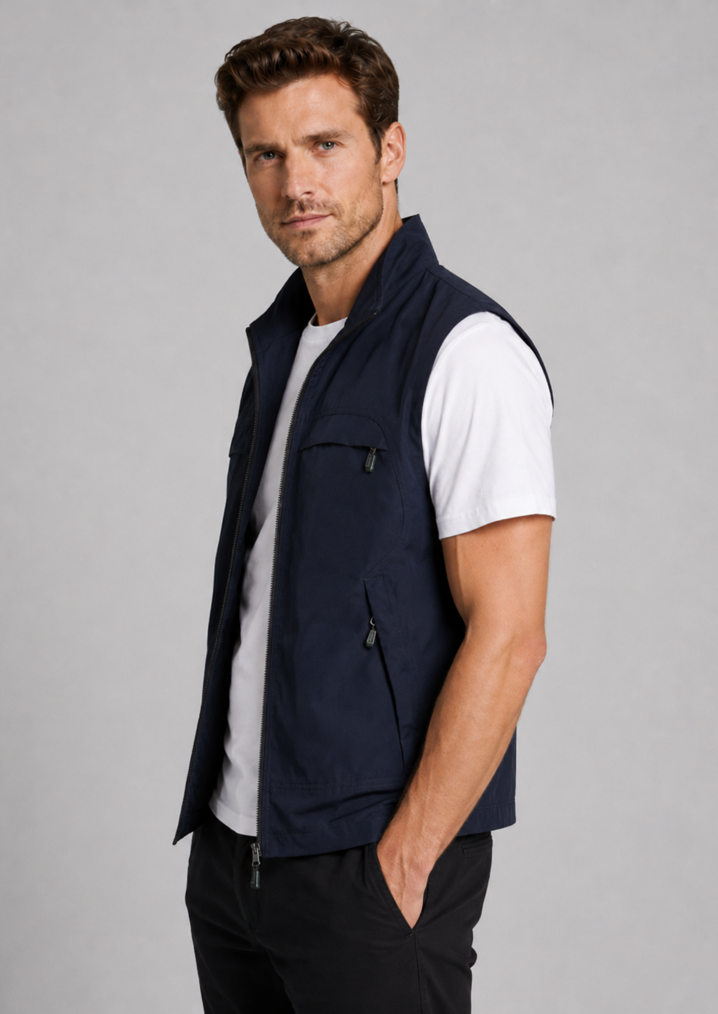 Men’s Gilet Jacket with Zipper and Multiple Pockets