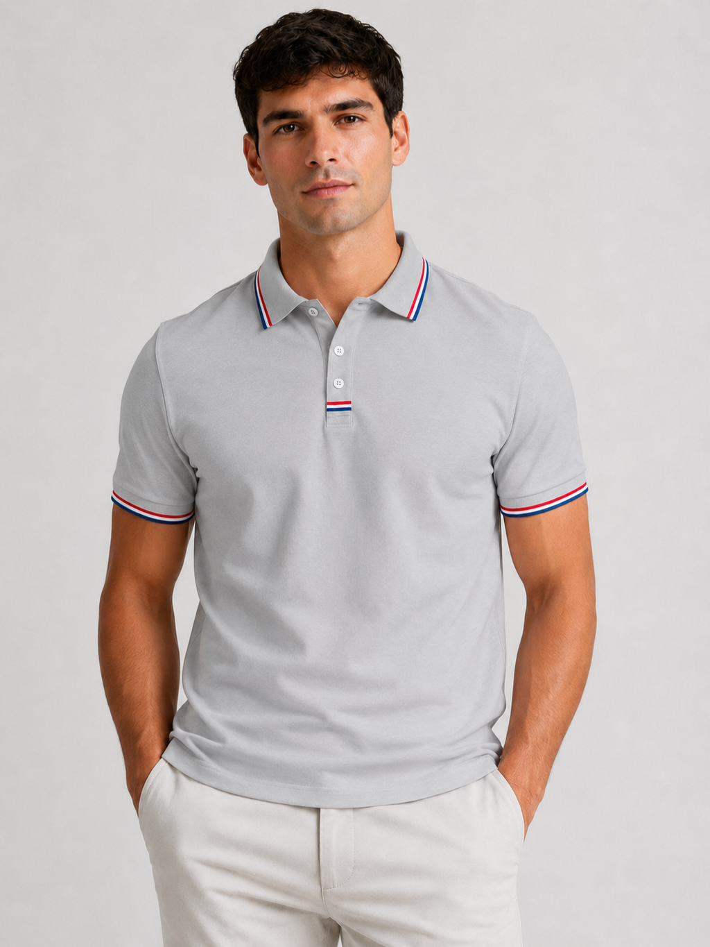 Men’s Polo Shirt with Striped Collar and Short Sleeves
