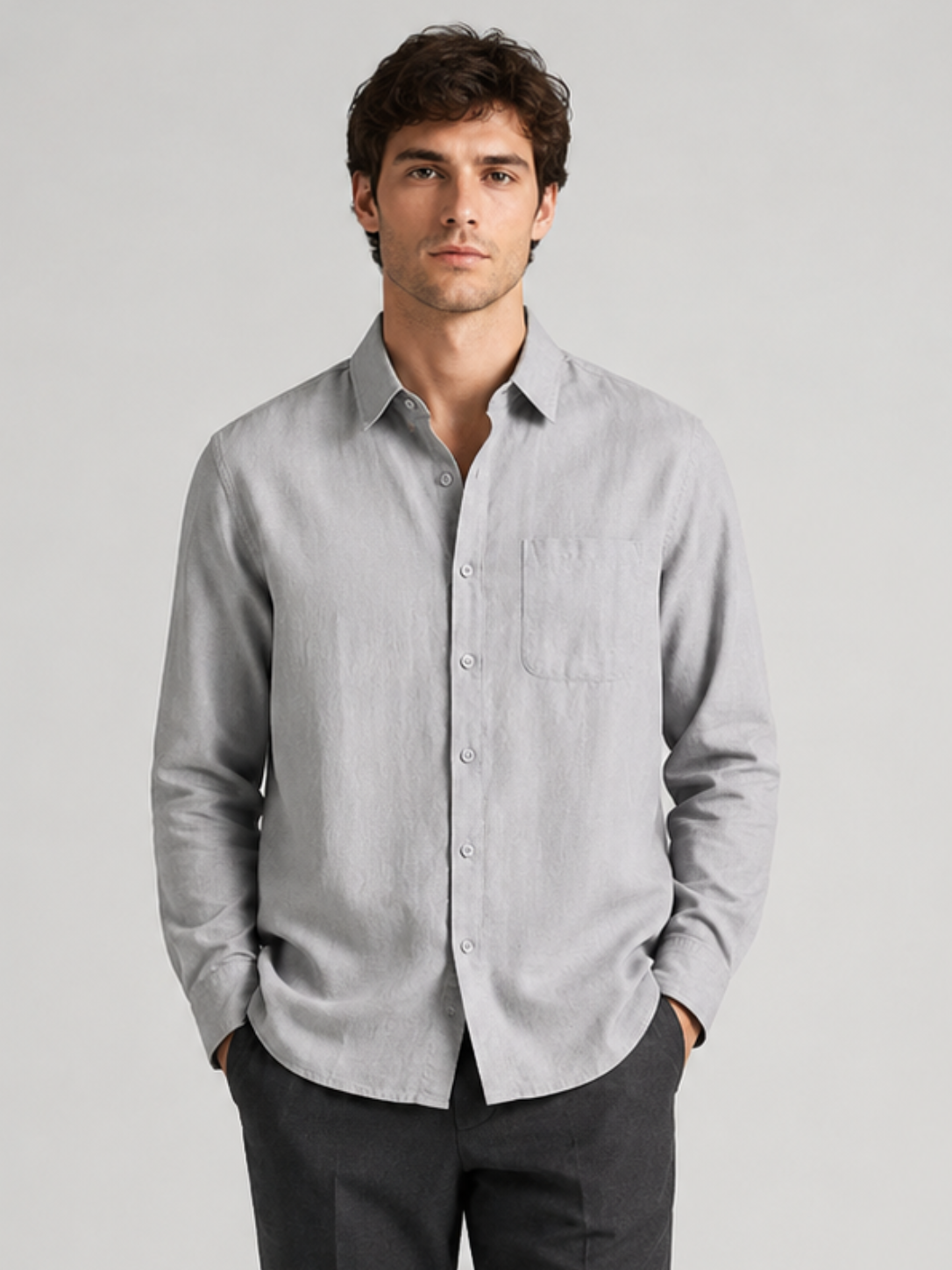 Men’s Solid Gray Button-Up Shirt with Chest Pocket