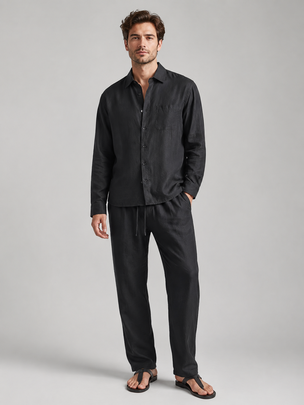 Men’s Two-Piece Set with Long Sleeve Button-Up Shirt and Drawstring Trousers