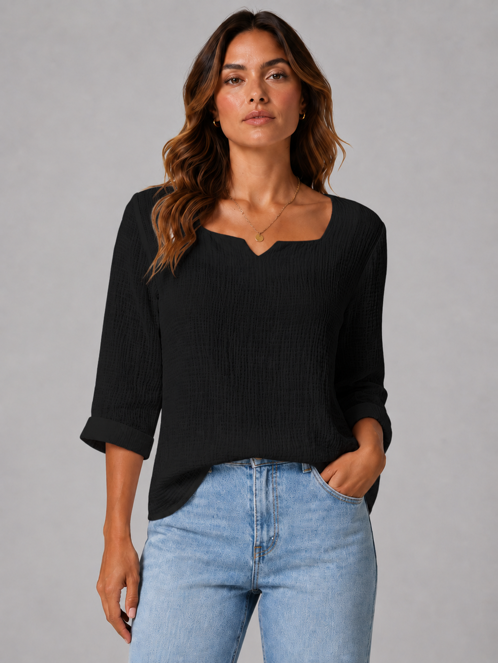Women’s Crinkled Top with Notched Square Neck