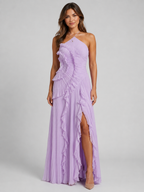 Women’s Pleated Maxi Dress with Halter Neck and Ruffle Detail