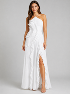 Women’s Pleated Maxi Dress with Halter Neck and Ruffle Detail