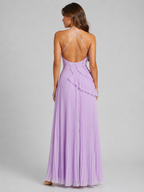 Women’s Pleated Maxi Dress with Halter Neck and Ruffle Detail