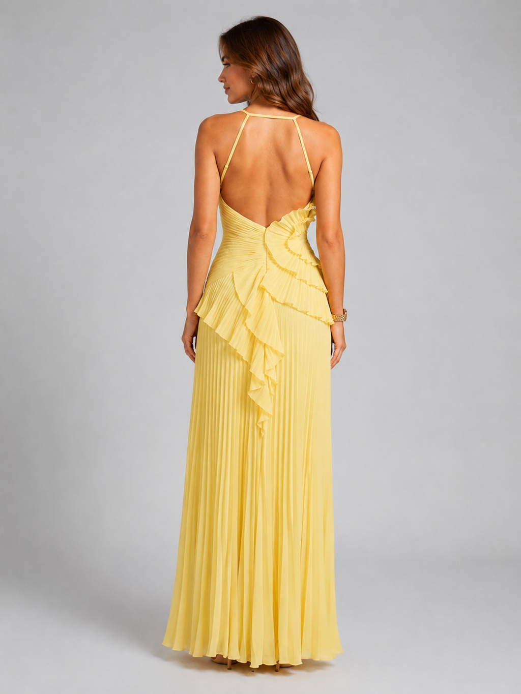 Women’s Pleated Maxi Dress with Halter Neck and Ruffle Detail