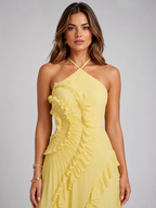Women’s Pleated Maxi Dress with Halter Neck and Ruffle Detail
