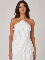 Women’s Pleated Maxi Dress with Halter Neck and Ruffle Detail