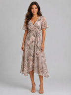 Women’s Printed Midi Dress with V-Neck and Short Sleeves
