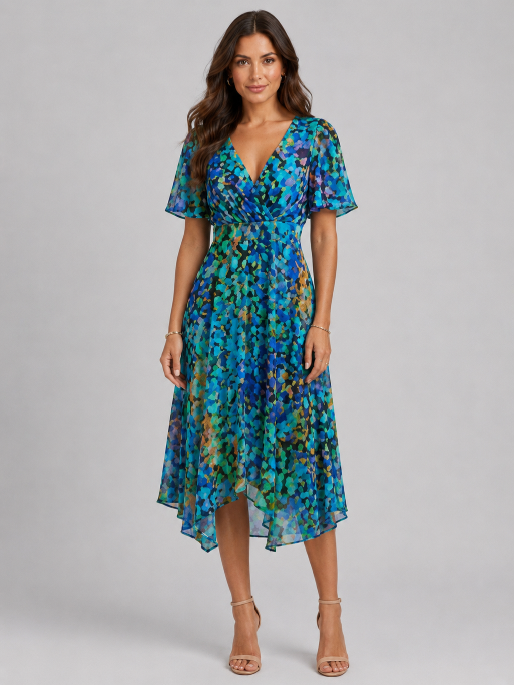 Women’s Printed Midi Dress with V-Neck and Short Sleeves