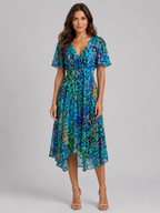 Women’s Printed Midi Dress with V-Neck and Short Sleeves