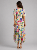 Women’s Printed Midi Dress with V-Neck and Short Sleeves