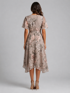 Women’s Printed Midi Dress with V-Neck and Short Sleeves