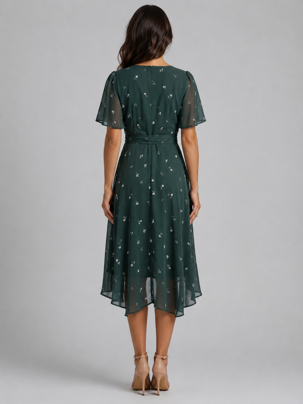 Women’s Printed Midi Dress with V-Neck and Short Sleeves