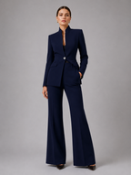 Women’s Blazer and Wide-Leg Trouser Set with Collarless Design