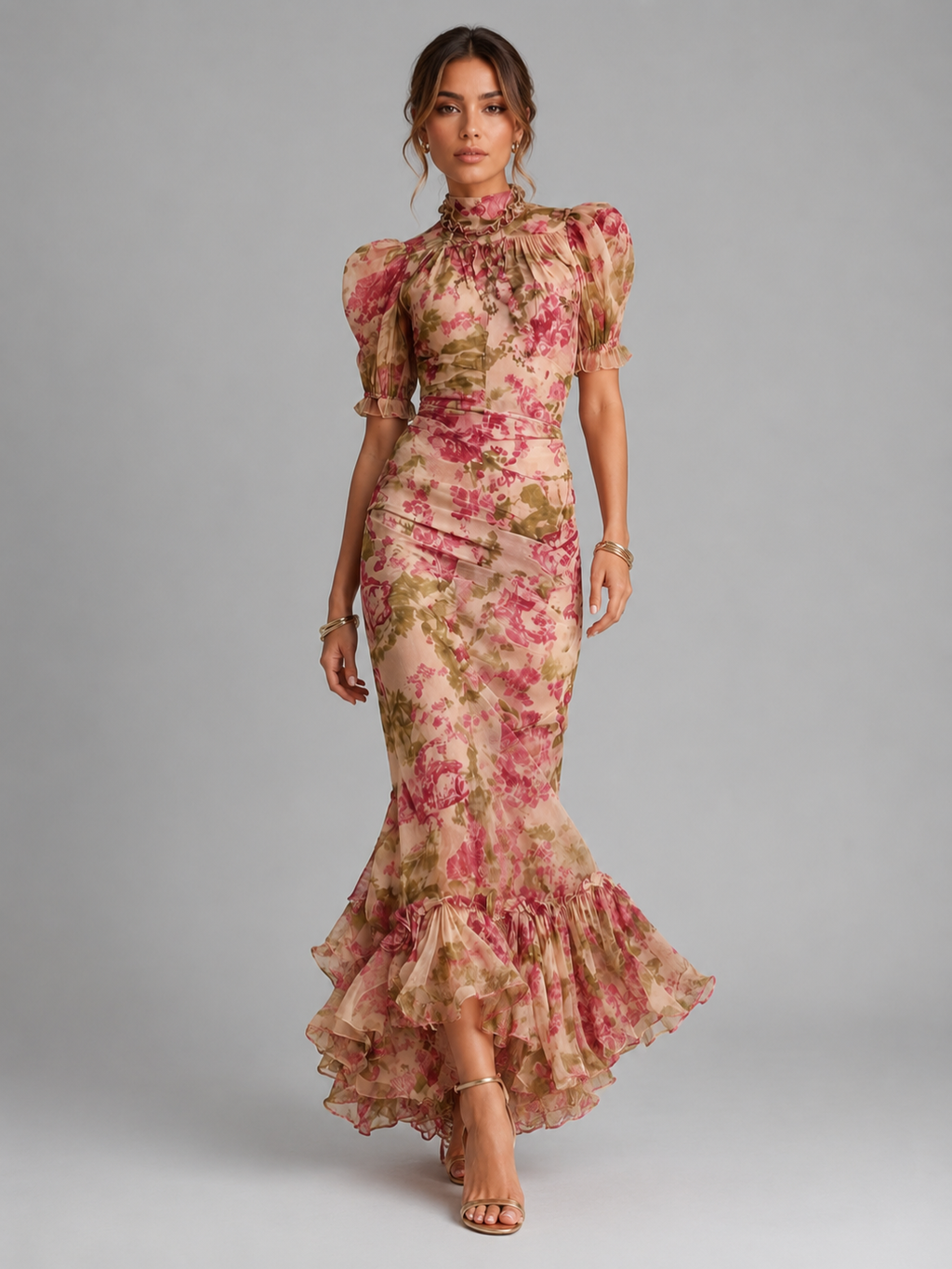 Women’s Floral Maxi Dress with Puff Sleeves and High Neck