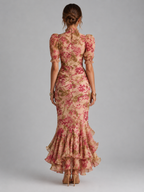 Women’s Floral Maxi Dress with Puff Sleeves and High Neck