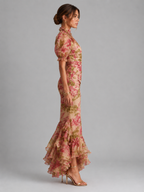 Women’s Floral Maxi Dress with Puff Sleeves and High Neck
