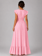 Women’s Pleated Maxi Dress with Flutter Sleeves and V-Neck