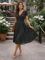 Women’s V-Neck Midi Dress with Printed Design