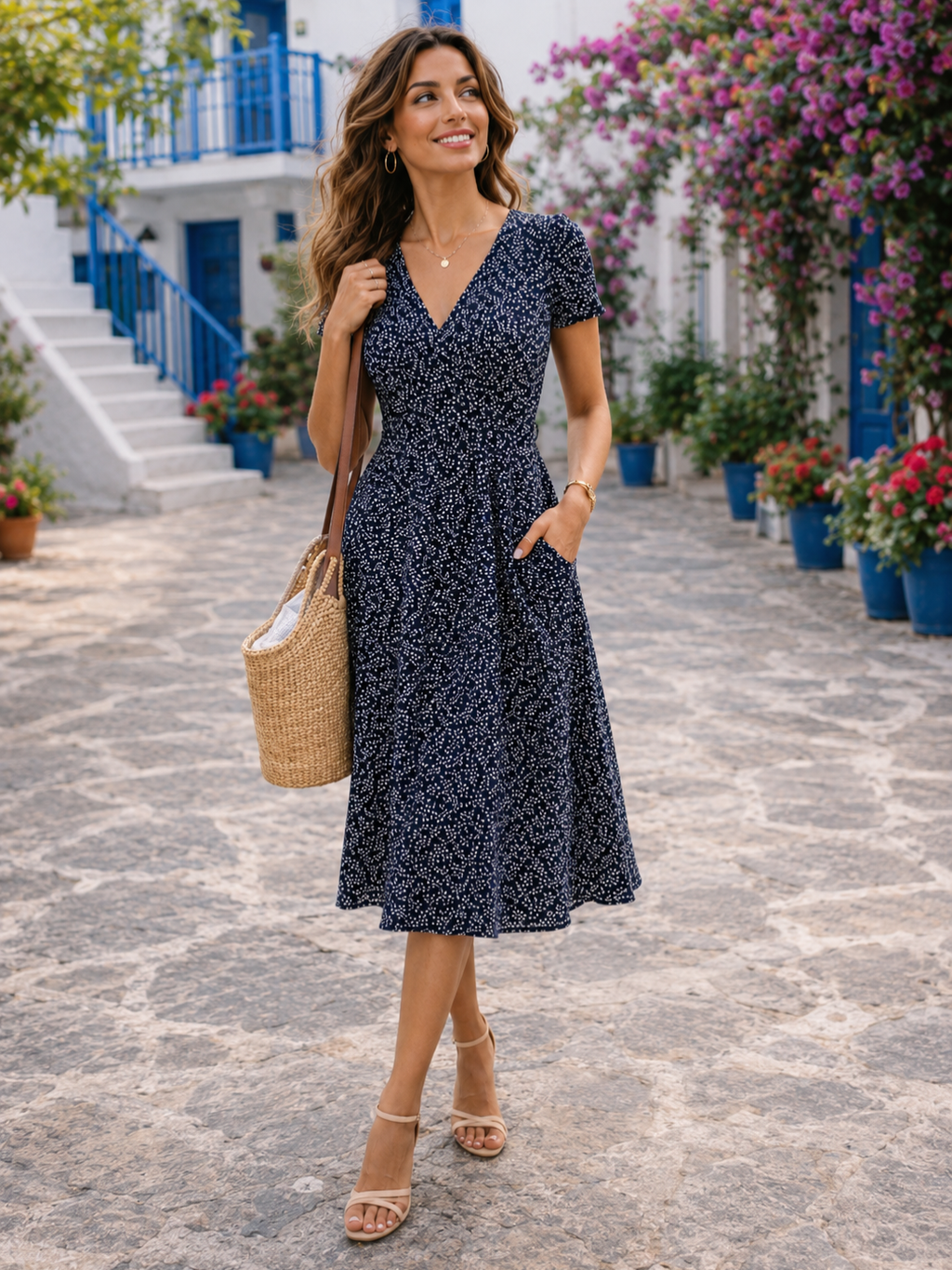 Women’s V-Neck Midi Dress with Printed Design