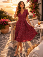 Women’s V-Neck Midi Dress with Printed Design