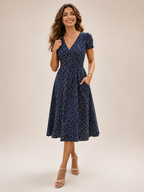 Women’s V-Neck Midi Dress with Printed Design